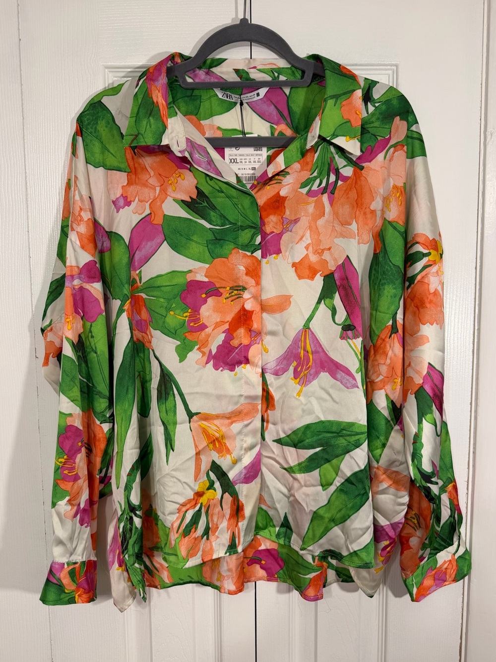 Zara Floral Button Down Blouse XXL Green/Pink/Orange
